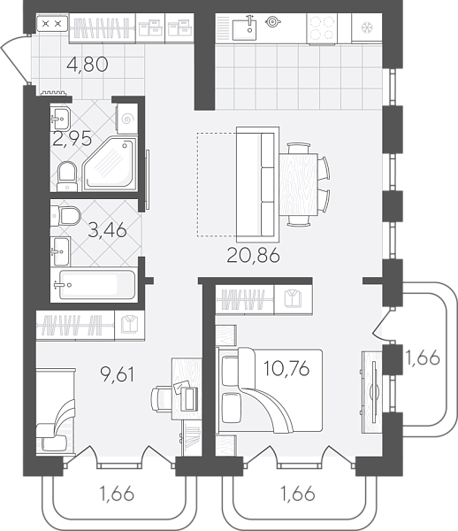 Новая 2-к квартира
 57.42 м² на 15/24 этаже в ЖК «Скандиа. Квартал в Слободе» в городе Тюмень 