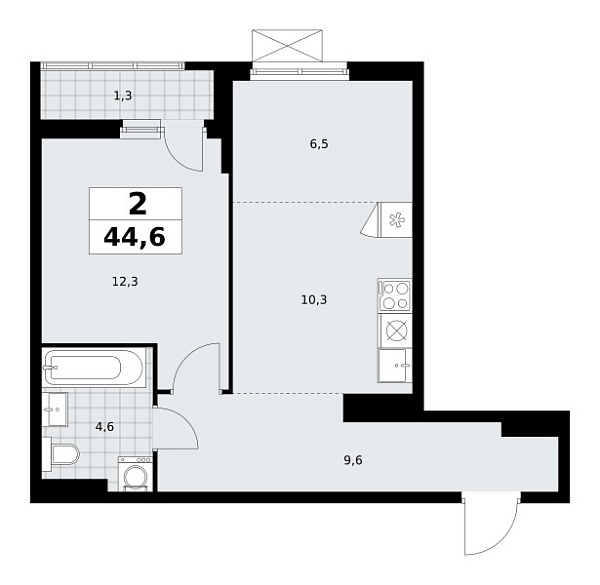 Новая 2-к квартира
 44.6 м² на 10/13 этаже в ЖК «Дзен-кварталы» в городе Тюмень 