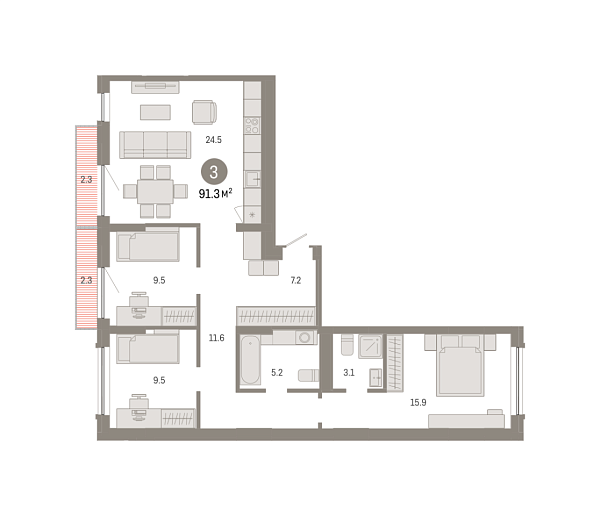 Новая 3-к квартира
 91.25 м² на 6/8 этаже в ЖК «Октябрьский на Туре» в городе Тюмень 