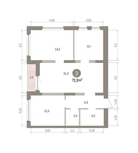 Количество комнат: 3,  71.89 кв.м.