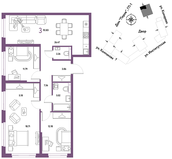 Новая 3-к квартира
 92.83 м² на 15/25 этаже в ЖК «Страна.Парковая» в городе Тюмень 