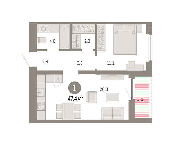 Новая 1-к квартира
 47.44 м² на 16/16 этаже в ЖК «Зарека» в городе Тюмень 