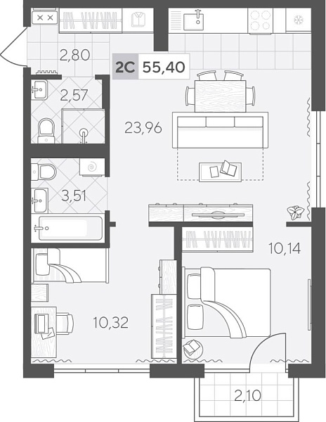 Новая 2-к квартира
 55.4 м² на 4/4 этаже в ЖК «Скандиа. Квартал у Озера» в городе Тюмень 