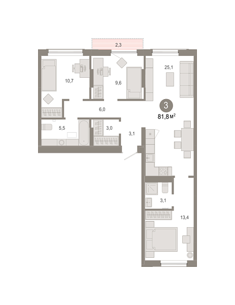 Новая 3-к квартира
 81.84 м² на 5/9 этаже в ЖК «Октябрьский на Туре» в городе Тюмень 