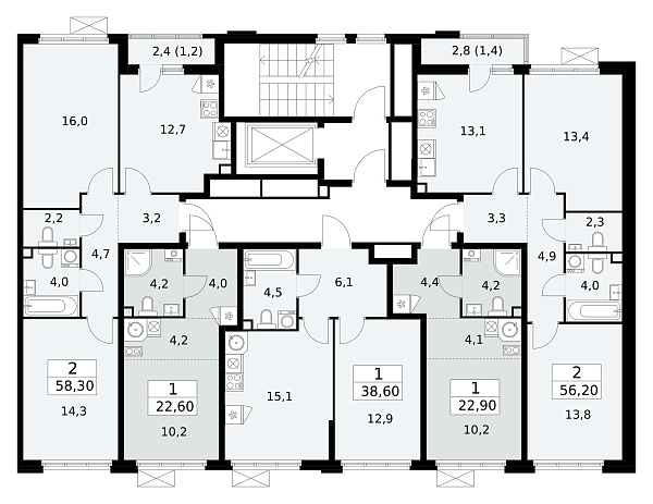 Количество комнат: 2,  58.3 кв.м.