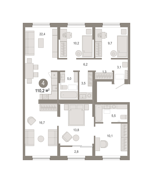 Новая 4-к квартира
 110.17 м² на 7/7 этаже в ЖК «Октябрьский на Туре» в городе Тюмень 