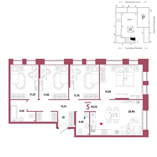 Новая 5-к квартира
 95.23 м² на 2/25 этаже в ЖК «Сердце Сибири» в городе Тюмень 