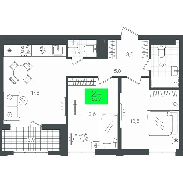 Новая 2-к квартира
 62.78 м² на 13/17 этаже в ЖК «Гранд Квартал» в городе Тюмень 