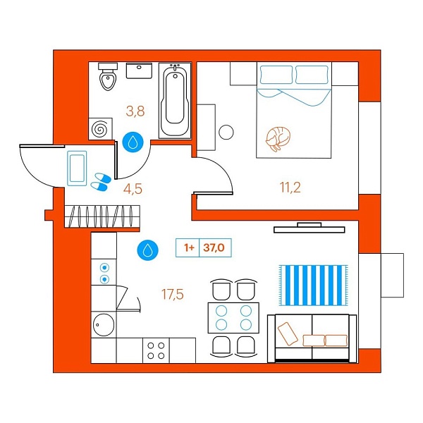 Новая 1-к квартира
 36.7 м² на 20/22 этаже в ЖК «SuperSky» в городе Тюмень 