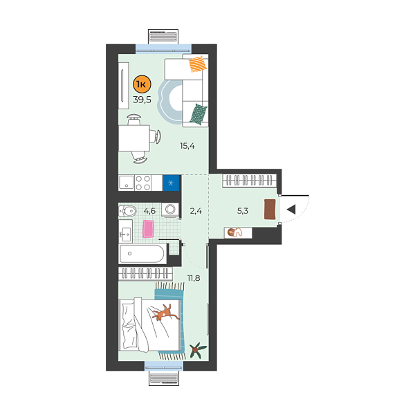 Новая 1-к квартира
 39.5 м² на 5/25 этаже в ЖК «Корней» в городе Тюмень 