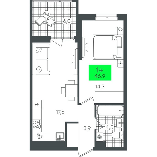 Новая 1-к квартира
 46.94 м² на 6/22 этаже в ЖК «Гранд Квартал» в городе Тюмень 