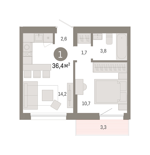 Новая 1-к квартира
 36.39 м² на 8/9 этаже в ЖК «Республики 205» в городе Тюмень 