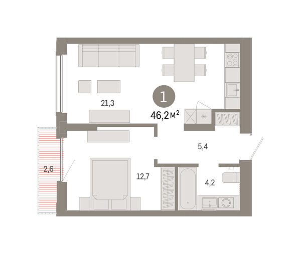 Новая 1-к квартира
 46.23 м² на 11/17 этаже в ЖК «Октябрьский на Туре» в городе Тюмень 