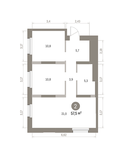 Количество комнат: 2,  57.5 кв.м.