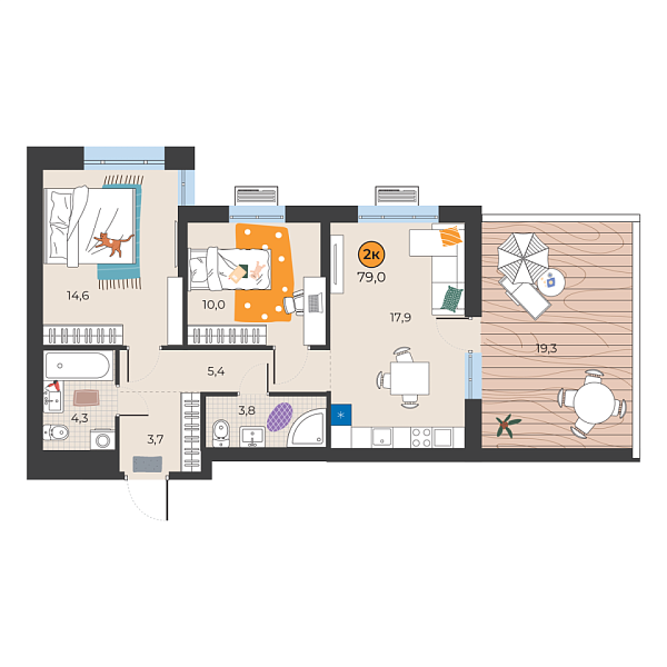 Новая 2-к квартира
 65.5 м² на 2/25 этаже в ЖК «Корней» в городе Тюмень 