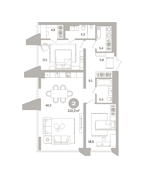 Новая 2-к квартира
 110.15 м² на 11/25 этаже в ЖК «Гоголя 21» в городе Тюмень 