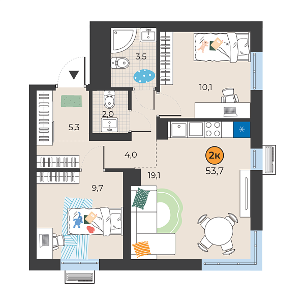 Новая 2-к квартира
 53.7 м² на 5/25 этаже в ЖК «Корней» в городе Тюмень 