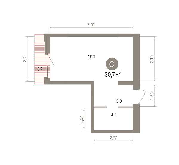 Количество комнат: Студия,  30.7 кв.м.