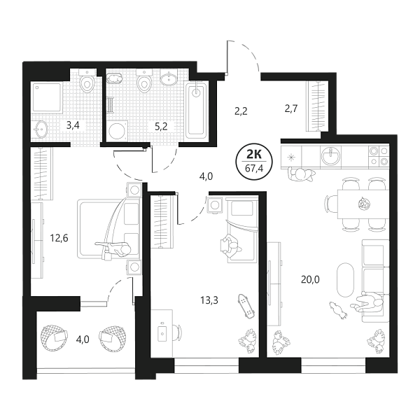 Новая 2-к квартира
 67.4 м² на 2/22 этаже в ЖК «Маэстро» в городе Тюмень 