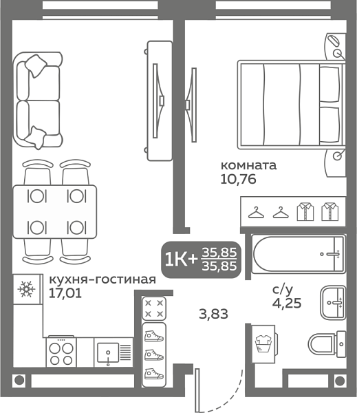 Новая 1-к квартира
 35.85 м² на 6/20 этаже в ЖК «Меридиан Слобода» в городе Тюмень 