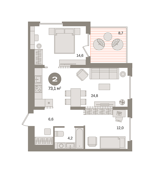 Новая 2-к квартира
 73.1 м² на 16/17 этаже в ЖК «Первый квартал» в городе Тюмень 