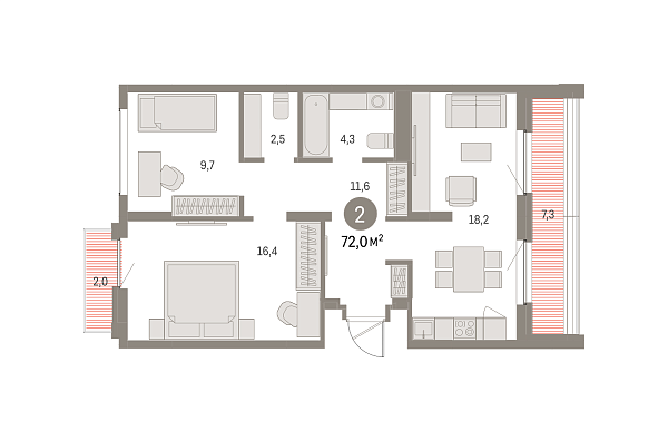 Новая 2-к квартира
 72.03 м² на 8/8 этаже в ЖК «Брусника в Академическом» в городе Тюмень 