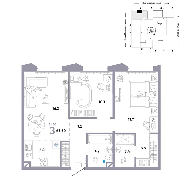 Новая 3-к квартира
 63.6 м² на 30/30 этаже в ЖК «Страна.Озёрная» в городе Тюмень 
