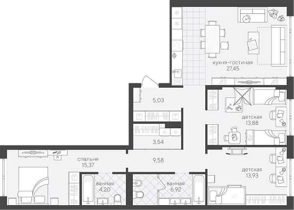 Новая 3-к квартира
 99.9 м² на 2/4 этаже в ЖК «Скандиа. Квартал у Озера» в городе Тюмень 