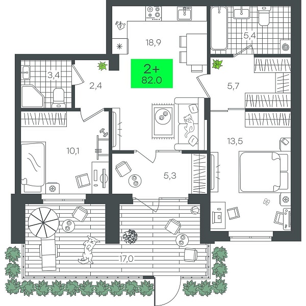 Количество комнат: 2,  82.05 кв.м.