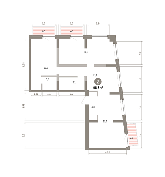Количество комнат: 2,  98.6 кв.м.
