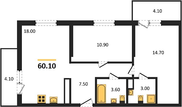 Новая 2-к квартира
 60.1 м² на 18/24 этаже в ЖК «Облака-2» в городе Тюмень 