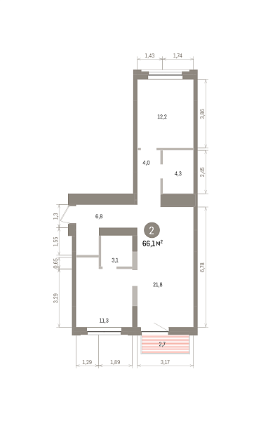 Количество комнат: 2,  66.1 кв.м.