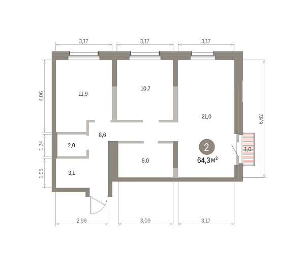 Количество комнат: 2,  64.3 кв.м.