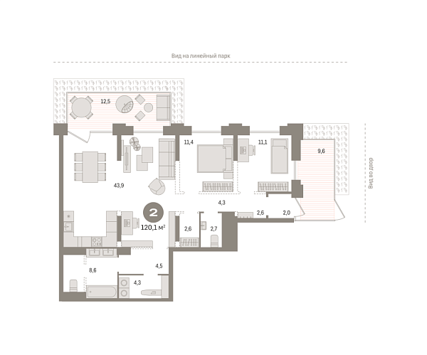 Новая 2-к квартира
 120.1 м² на 1/25 этаже в ЖК «Октябрьский на Туре» в городе Тюмень 