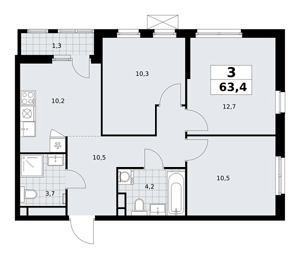 Новая 3-к квартира
 63.4 м² на 7/30 этаже в ЖК «Южные сады» в городе Тюмень 