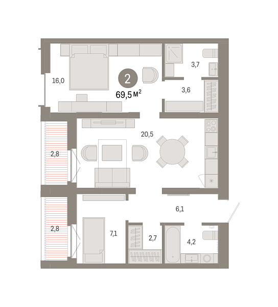 Новая 2-к квартира
 69.49 м² на 2/16 этаже в ЖК «Республики 205» в городе Тюмень 
