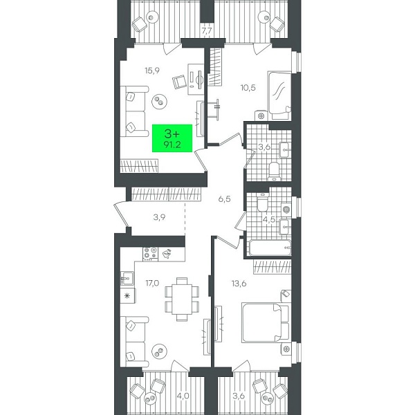Новая 3-к квартира
 91.25 м² на 11/12 этаже в ЖК «Гранд Квартал» в городе Тюмень 