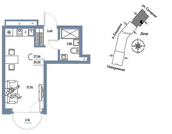 Новая квартира-студия
 27.36 м² на 10/29 этаже в ЖК «Страна.Береговая» в городе Тюмень 