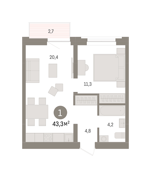 Новая 1-к квартира
 43.3 м² на 5/9 этаже в ЖК «Речной порт» в городе Тюмень 