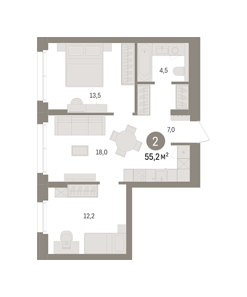 Новая 2-к квартира
 55.23 м² на 1/8 этаже в ЖК «Брусника в Новоселье» в городе Тюмень 