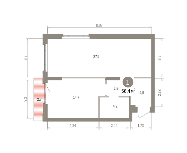 Количество комнат: 1,  56.4 кв.м.