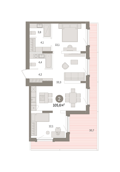 Новая 1-к квартира
 105.57 м² на 16/16 этаже в ЖК «Зарека» в городе Тюмень 