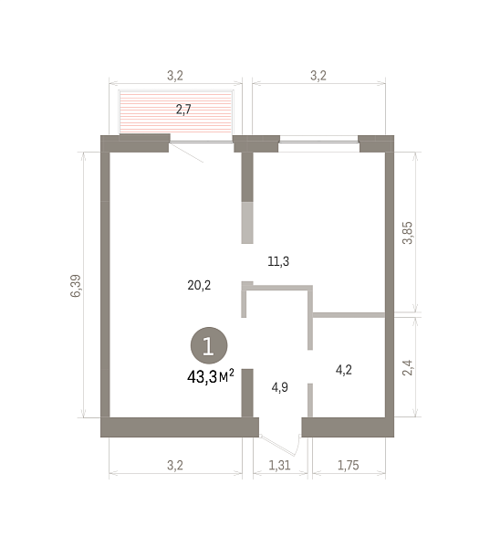 Количество комнат: 1,  43.3 кв.м.