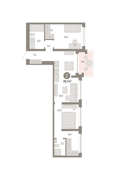 Новая 2-к квартира
 70.71 м² на 5/8 этаже в ЖК «Европейский квартал» в городе Тюмень 