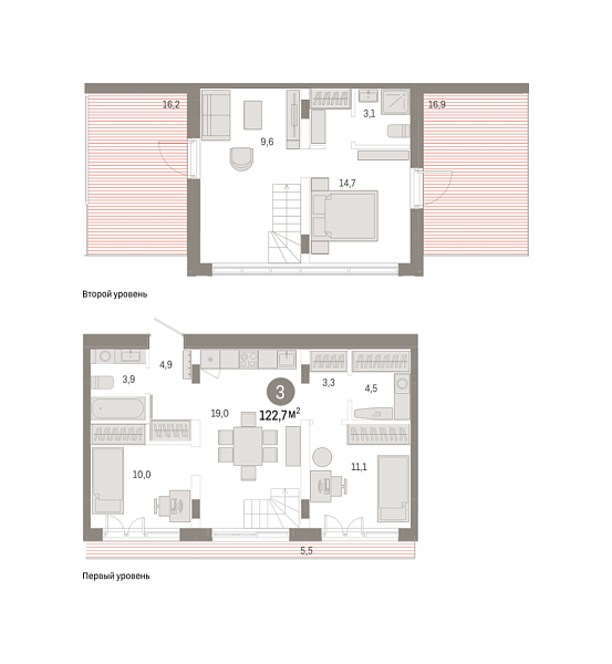 Новая 3-к квартира
 122.73 м² на 7/7 этаже в ЖК «Республики 205» в городе Тюмень 