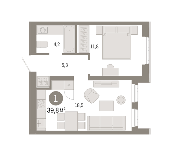 Новая 1-к квартира
 39.78 м² на 4/25 этаже в ЖК «Октябрьский на Туре» в городе Тюмень 