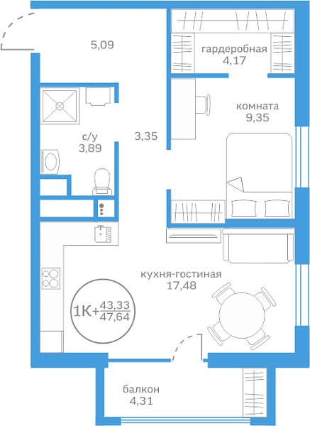 Новая 1-к квартира
 43.33 м² на 12/20 этаже в ЖК «Меридиан Запад» в городе Тюмень 