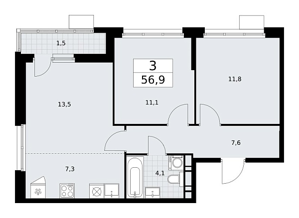 Новая 3-к квартира
 56.9 м² на 7/10 этаже в ЖК «Родные кварталы» в городе Тюмень 