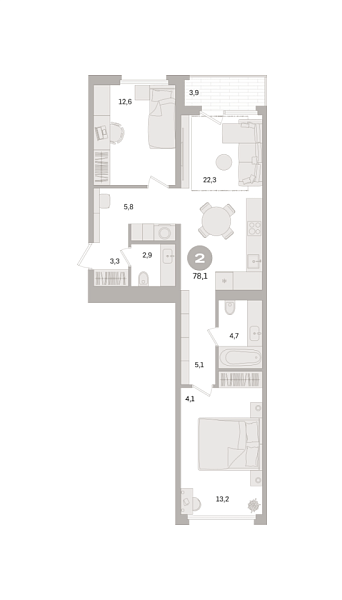 Новая 2-к квартира
 78.1 м² на 6/21 этаже в ЖК «Дом «А»» в городе Тюмень 