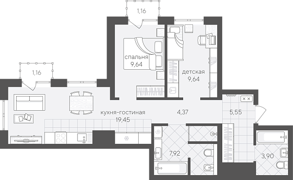 Новая 2-к квартира
 62.79 м² на 9/24 этаже в ЖК «Скандиа. Квартал в Комарово Парк» в городе Тюмень 
